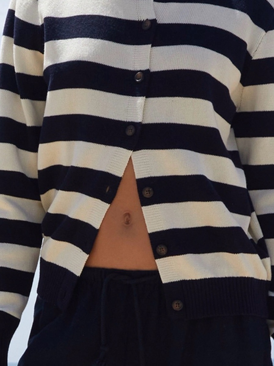 Striped Button-Up Sweater Cardigan - Navy & Cream White